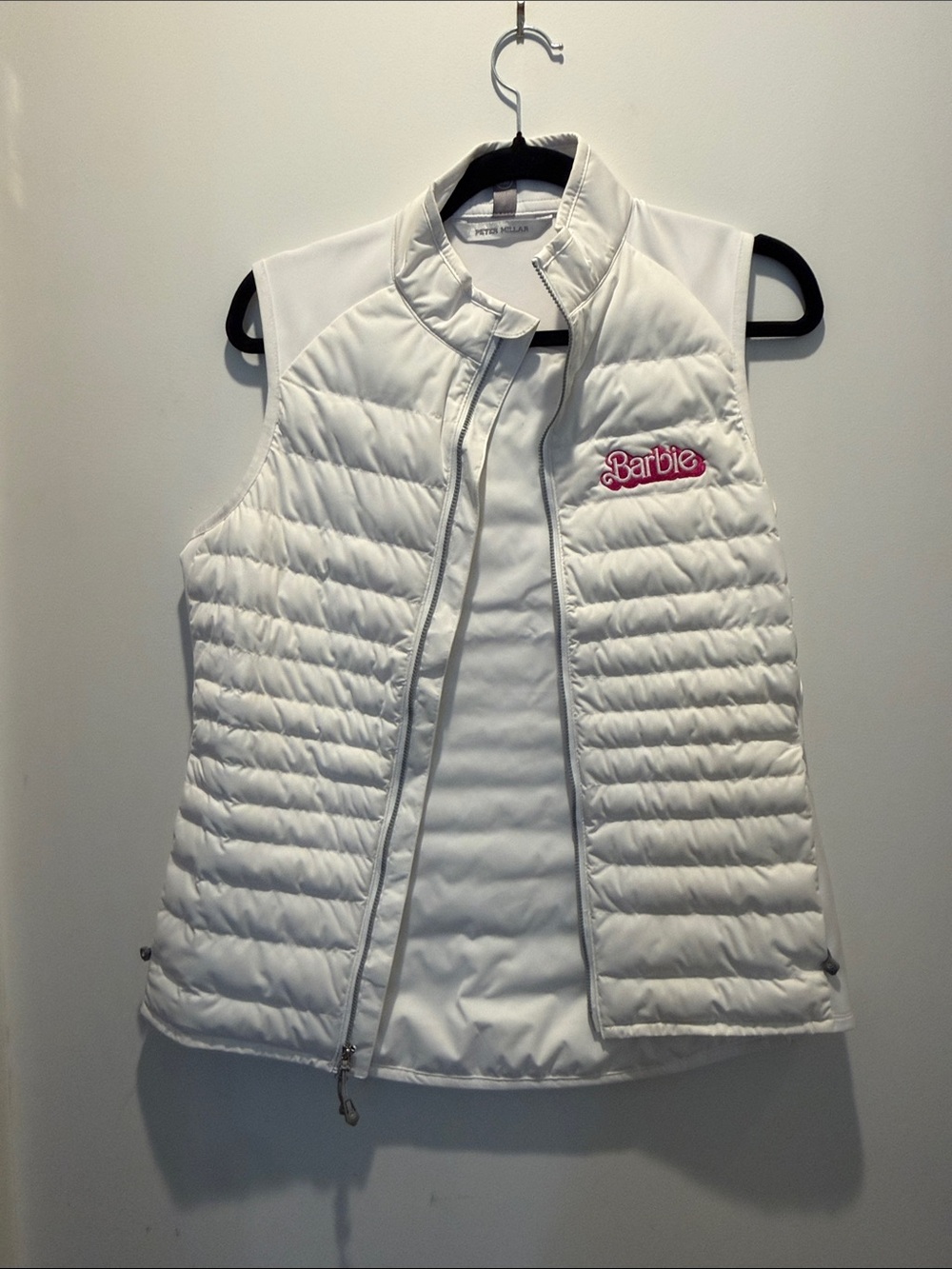 Peter Millar White Quilted Sleeveless Vest with Pink Barbie Logo